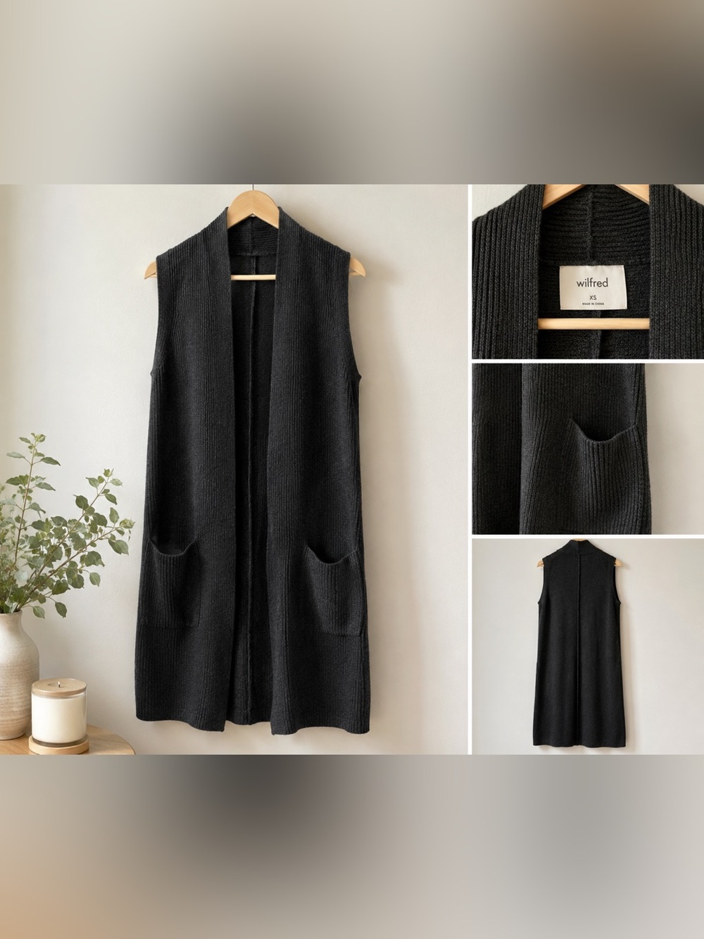 Wilfred Aritzia Long Ribbed Sweater Vest Cardigan Dark Charcoal XS